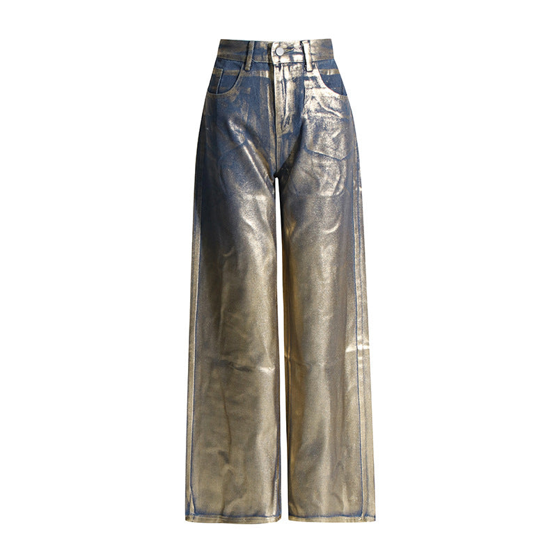 Spring 2025 European and American Fashion New Style Trendy Unique Design Bronzing High Waist Loose Wide Legs Casual Jeans for Women