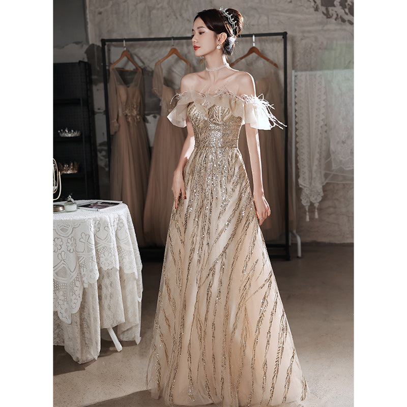 Evening Dress for Women New High Sense Banquet Performance Birthday Champagne Light Luxury Minority Host Dress