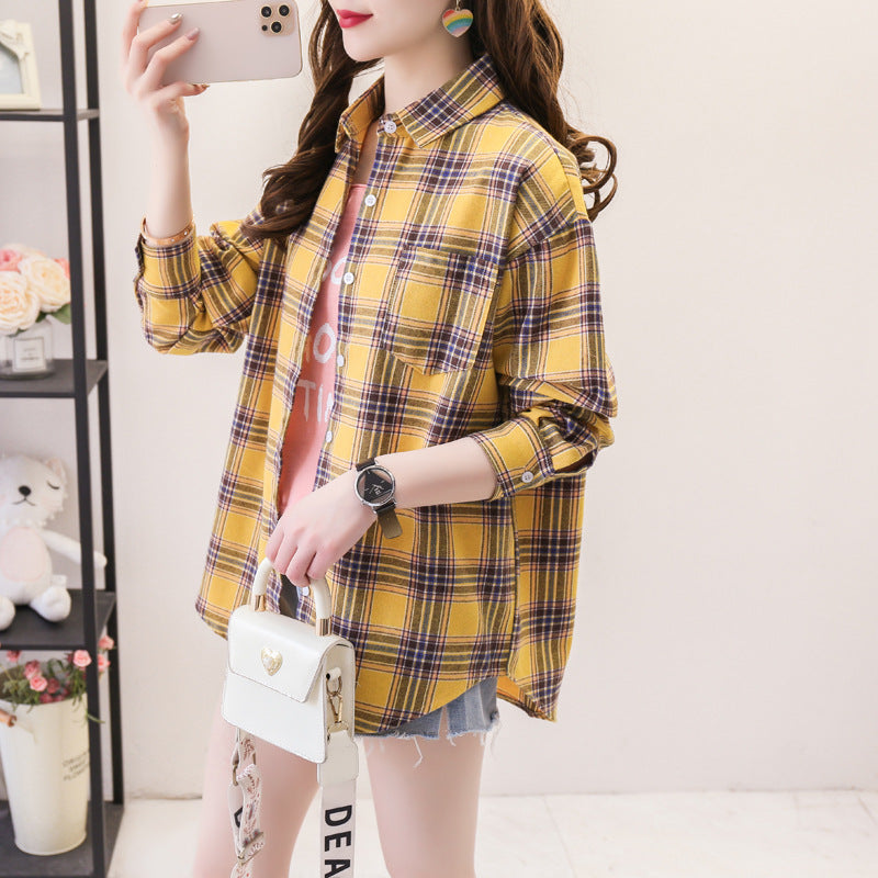 ANTMVS Plaid Shirt Women's Loose Long Sleeve Spring and Autumn Style Versatile Casual Student Spring and Autumn plus Size Korean Style Shirt Coat Cotton