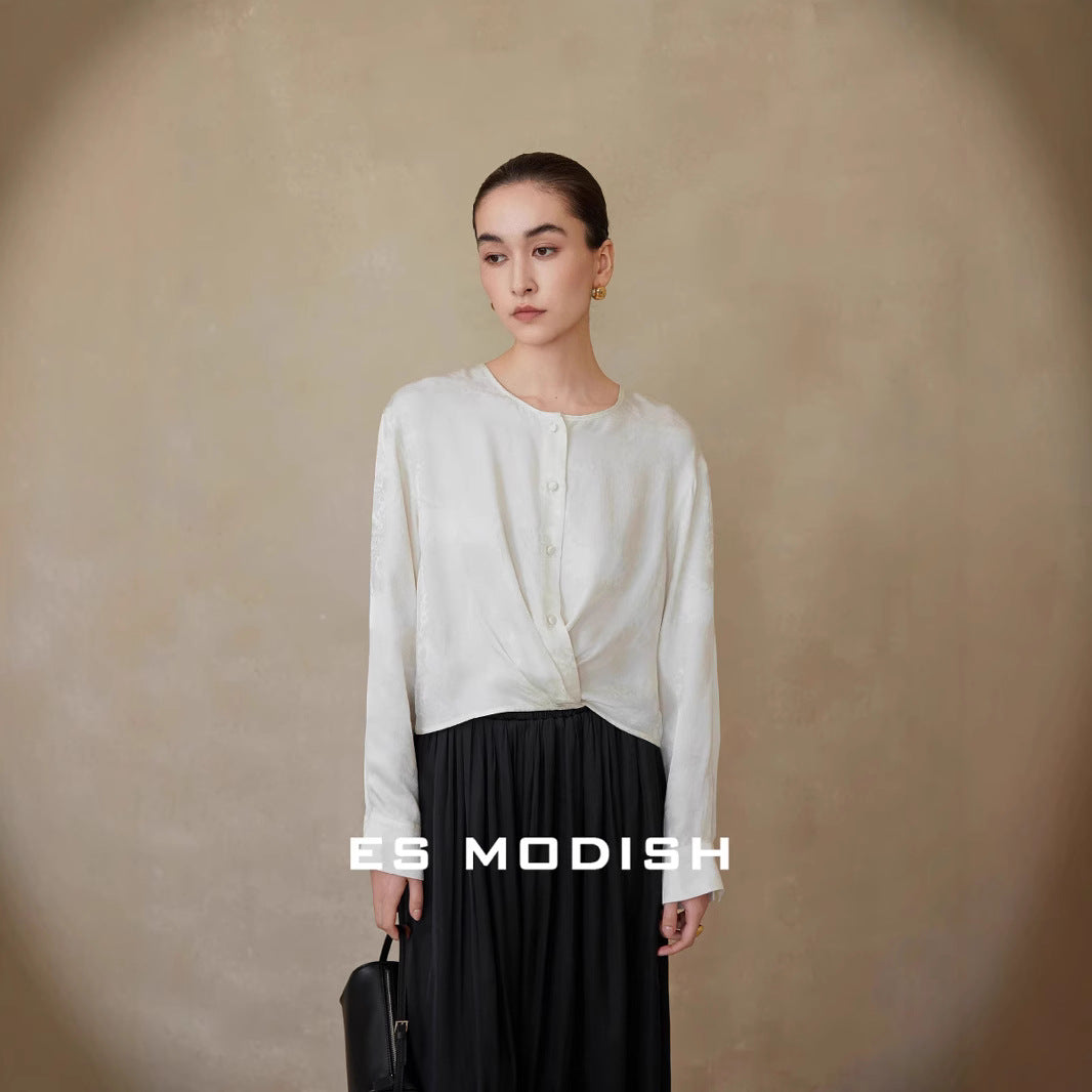 2025 ES MODISH Spring New National Style Jacquard Crew Neck Drawstring Shirt Lazy Casual Loose Top Girls