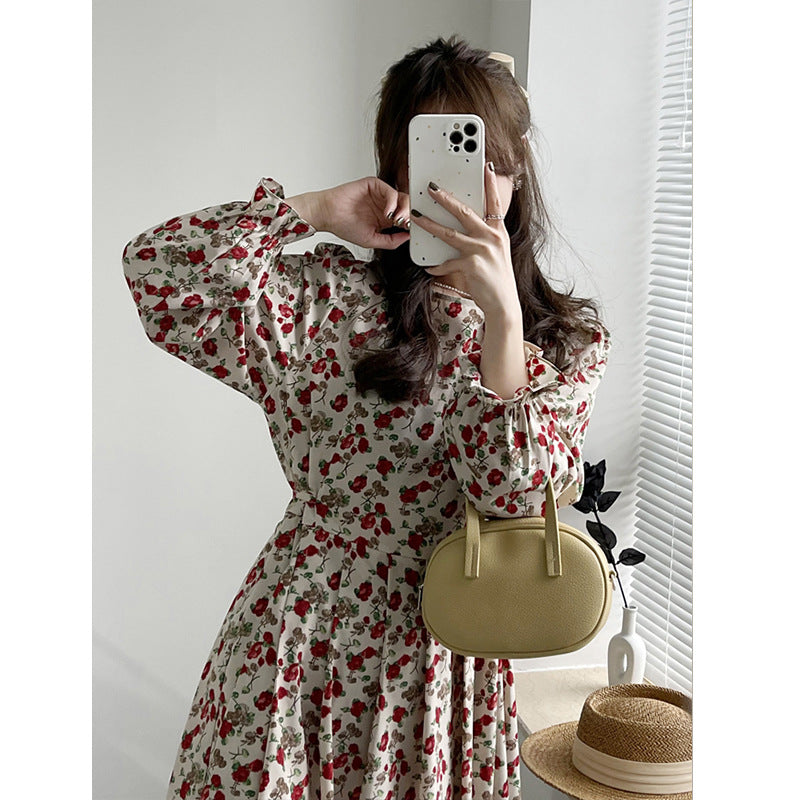 2025 2025 Spring Crew Neck Floral Dress Women's Waist Fresh Dress Women's Medium and Long Retro First Love Dress 9105-1