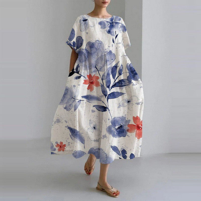 ANTMVS Cross-Border Summer New European and American Women's Clothing Loose round Neck Fashion Advanced Short Sleeve 3D Printing Dress