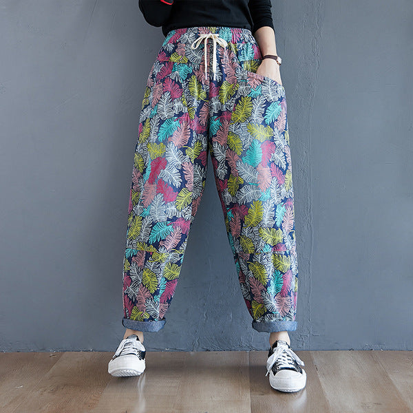 Fall 2025 Vintage Printed Casual Slimming Loose Elastic Waistband Lace-up Plump Girls Washed Jeans Harem Pants for Women