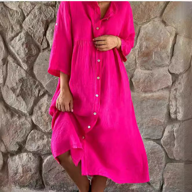 ANTMVS Cross-Border Women's Clothing New Cotton and Linen European and American Solid Color Casual Button Length Dress Wholesale