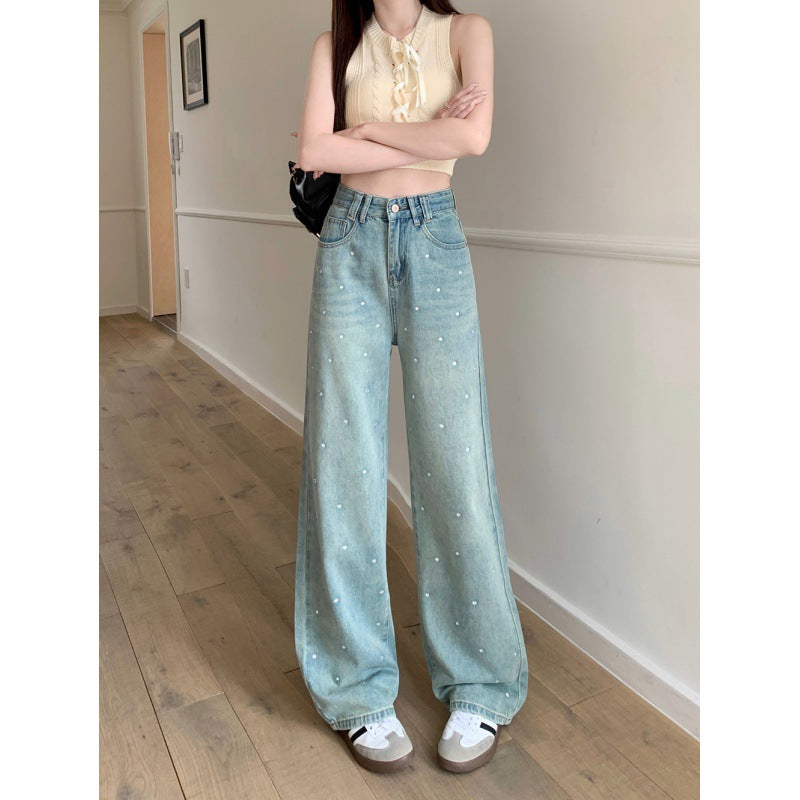 Real Shot Rhinestone Multi-Color Wide Leg Jeans for Women 2025 Spring and Summer New High Waist Straight Loose Draggle-Tail Trousers Tide