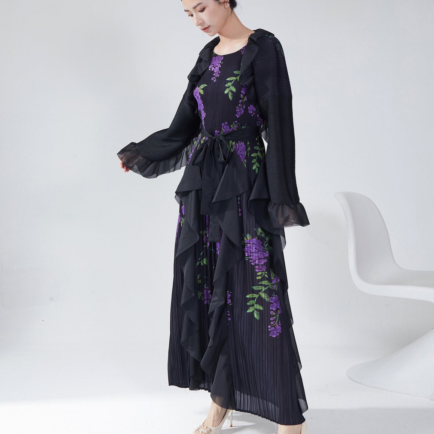 2025 Hot trade Sanzhai autumn dress high-end long-sleeved retro printing loose large size lace-up temperament elegant long dress