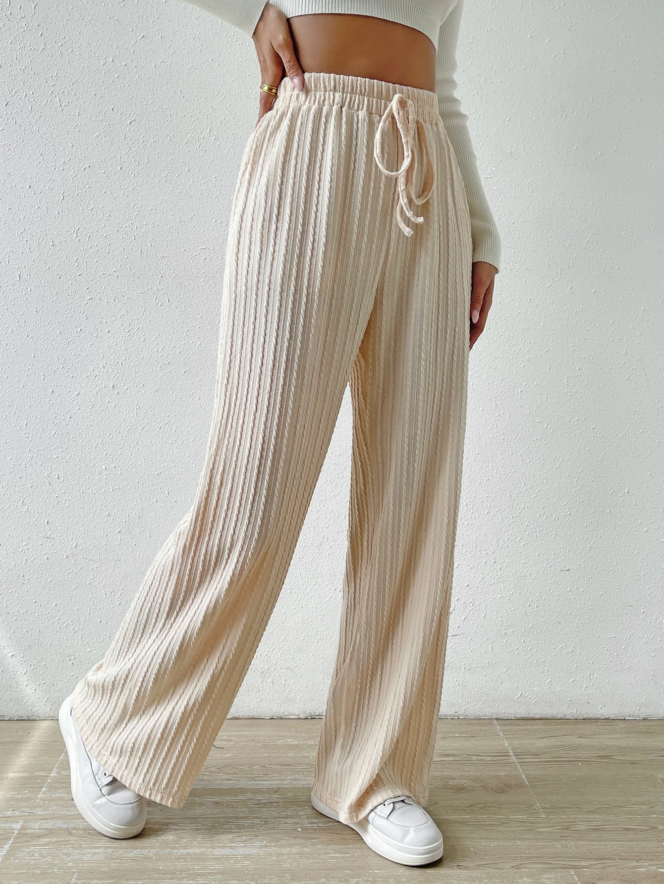 Antmvs HOTan and NEWn New Knot Waist Texture Knitted Wide Leg Trousers Elastic High Waist Pure Color Casual Loose Straight Women's Clothing