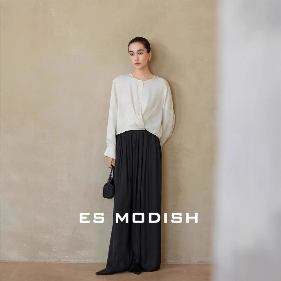 2025 ES MODISH Spring New National Style Jacquard Crew Neck Drawstring Shirt Lazy Casual Loose Top Girls