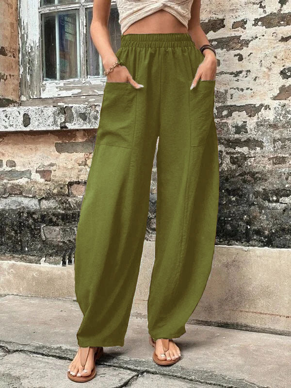 Antmvs Wish Independent Station Cross-Border Hot Women's Pants Solid Color Pocket Women's Casual Trousers Trousers with an Elasticated Waist Trousers