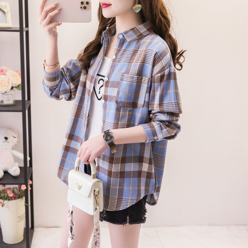 ANTMVS Plaid Shirt Women's Loose Long Sleeve Spring and Autumn Style Versatile Casual Student Spring and Autumn plus Size Korean Style Shirt Coat Cotton