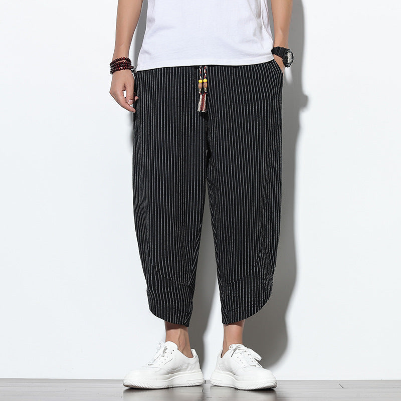 ANTMVS Summer Ice Silk Cropped Pants Men's Chinese Style Cotton Linen Casual Pants Trendy plus Size Loose Wide-Leg Knickerbockers Men