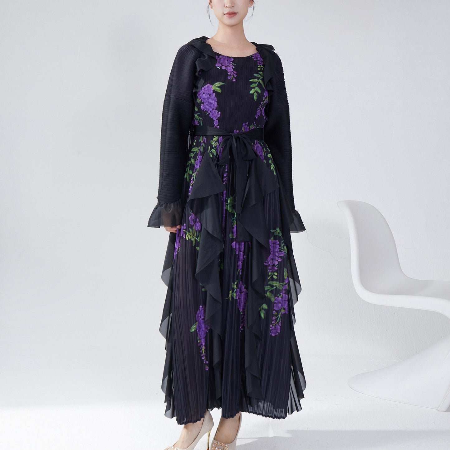 2025 Hot trade Sanzhai autumn dress high-end long-sleeved retro printing loose large size lace-up temperament elegant long dress