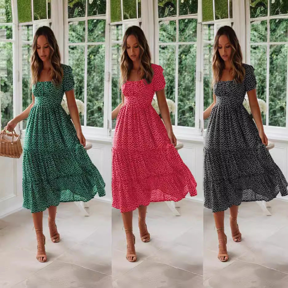 ANTMVS European and American New Wish Hot Square Collar Puff Sleeve Floral Dress Dress