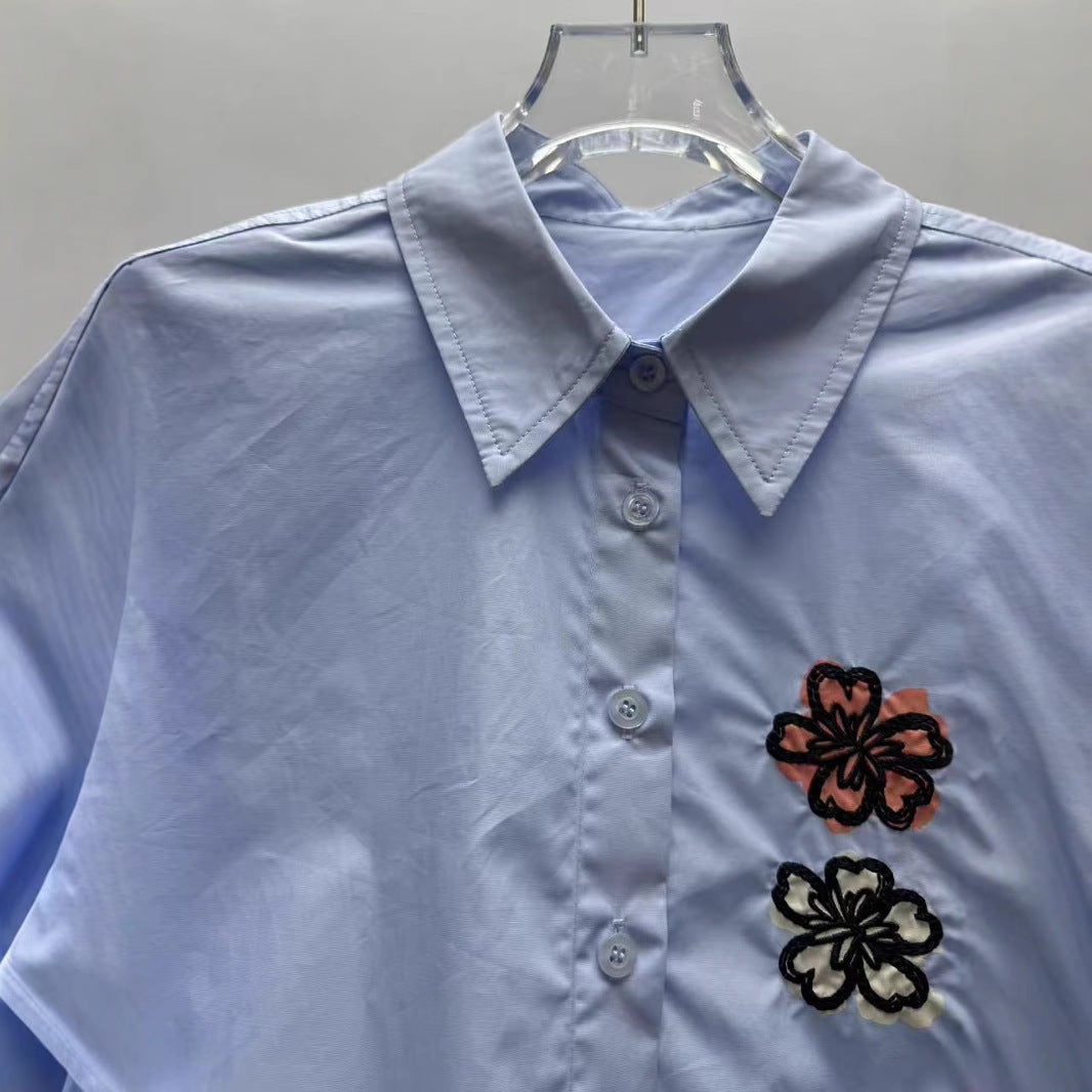 2025 niche women's clothing new blue flower embroidered lapel shirt loose casual long-sleeved cotton top