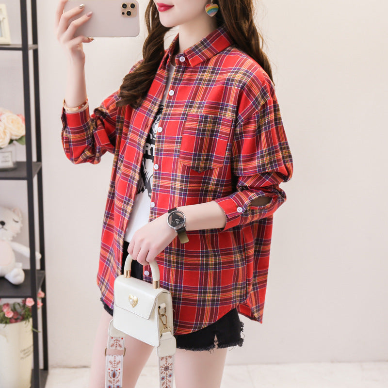 ANTMVS Plaid Shirt Women's Loose Long Sleeve Spring and Autumn Style Versatile Casual Student Spring and Autumn plus Size Korean Style Shirt Coat Cotton