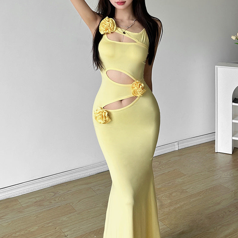 2025 style popular summer new women's clothing three-dimensional flower decorative design hollow slim hip dress