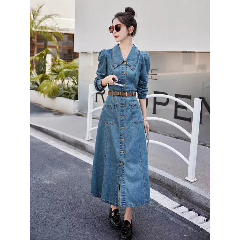 2025 Hong Kong-style retro shawl denim dress women's early autumn new niche chic waist thin medium and long skirt