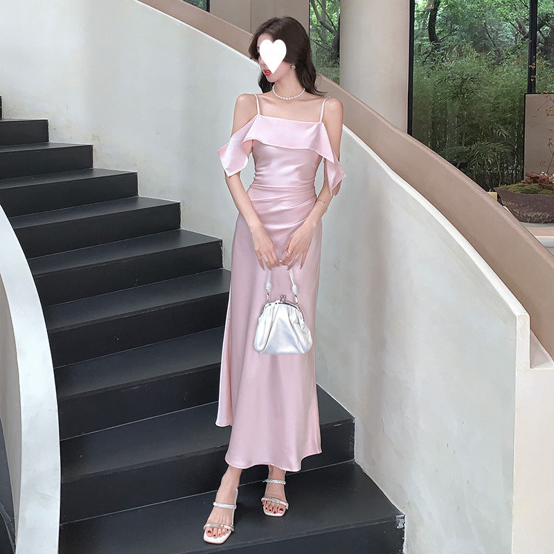 2025 spring and summer suspender one-word shoulder satin suspender dress women's pleated waist and thin fishtail dress