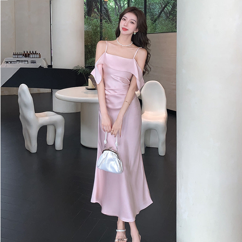 2025 spring and summer suspender one-word shoulder satin suspender dress women's pleated waist and thin fishtail dress
