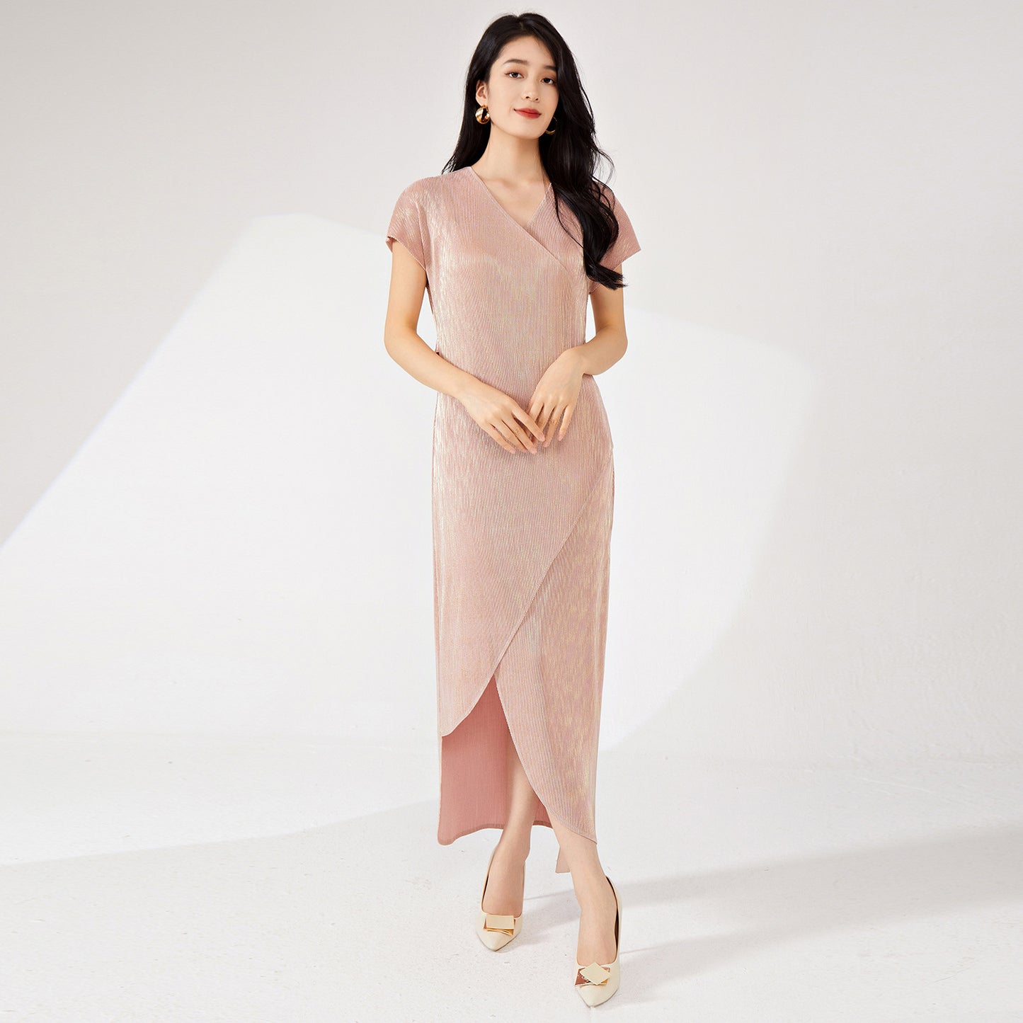 2025 dress spring and autumn women's high-end sense spring and summer new metal texture irregular split tie dress long dress