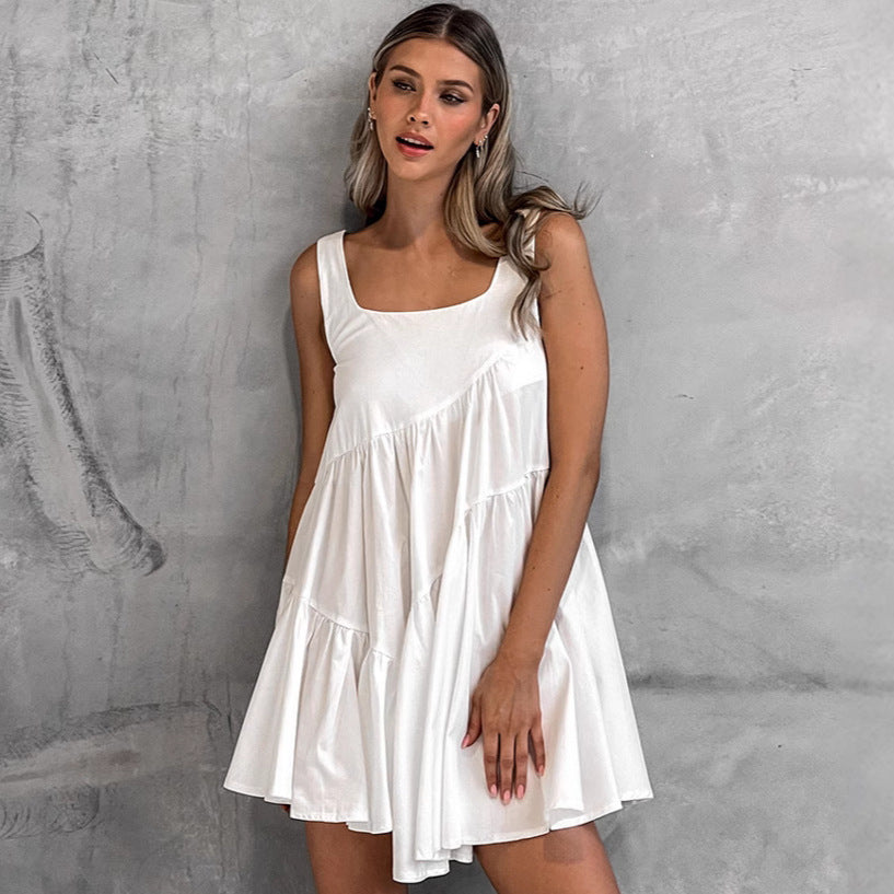 2025 spring and summer new white polyester-cotton pullover square collar dress fashionable New wholesale vacation short skirt women