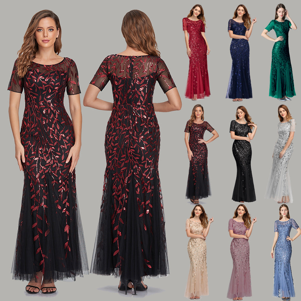 ANTMVS Spring and Summer Cross-Border Banquet Host European and American Slim Mesh Sequins Evening Dress Fishtail Dress Women