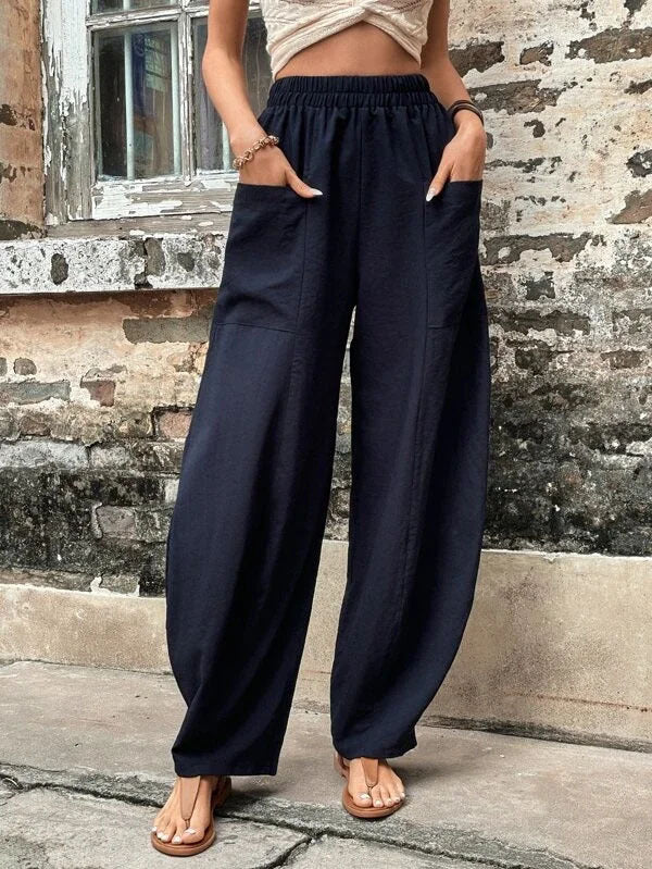Antmvs Wish Independent Station Cross-Border Hot Women's Pants Solid Color Pocket Women's Casual Trousers Trousers with an Elasticated Waist Trousers