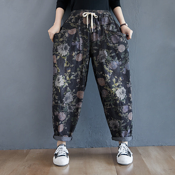 Fall 2025 Vintage Printed Casual Slimming Loose Elastic Waistband Lace-up Plump Girls Washed Jeans Harem Pants for Women