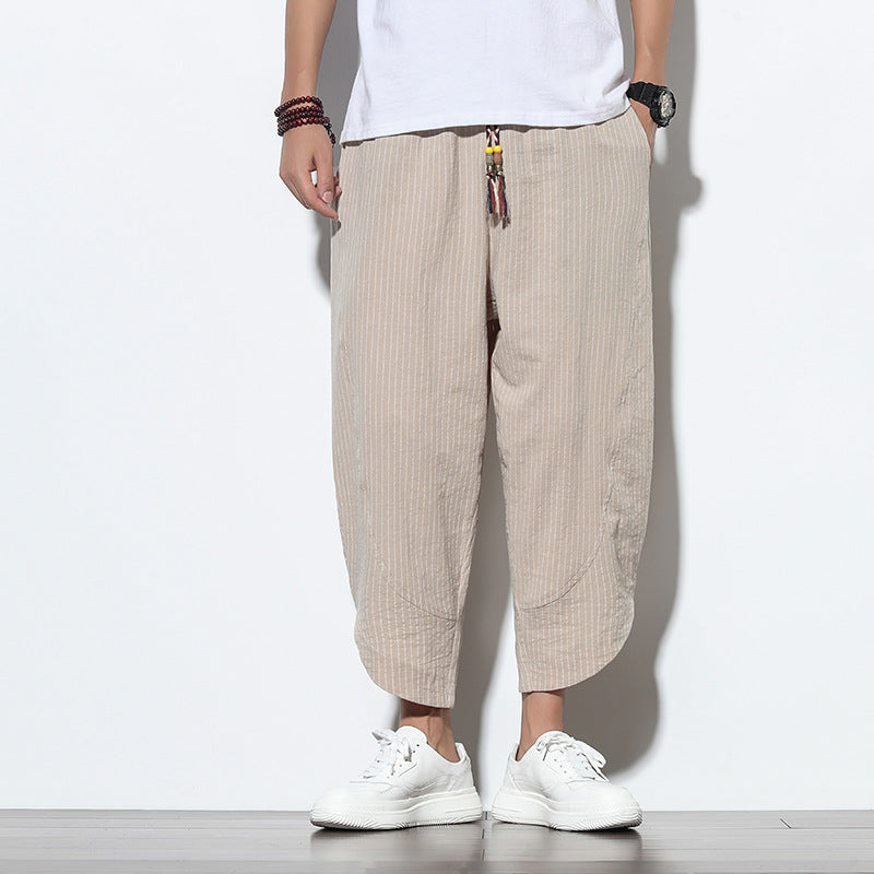 ANTMVS Summer Ice Silk Cropped Pants Men's Chinese Style Cotton Linen Casual Pants Trendy plus Size Loose Wide-Leg Knickerbockers Men