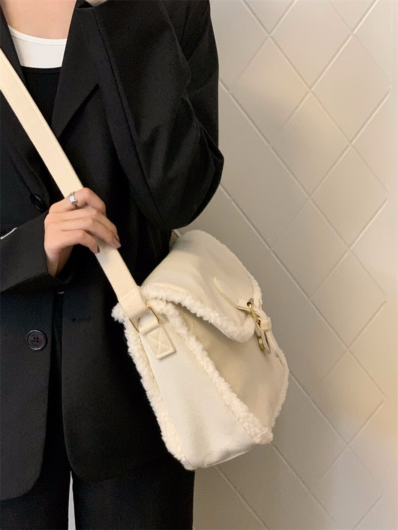 Antmvs Graduation Gift Fashion Corduroy Women Purse Shoulder Bags Solid Color Ladies Winter Furry Crossbody Bags Casual Plush Female Tote Handbags