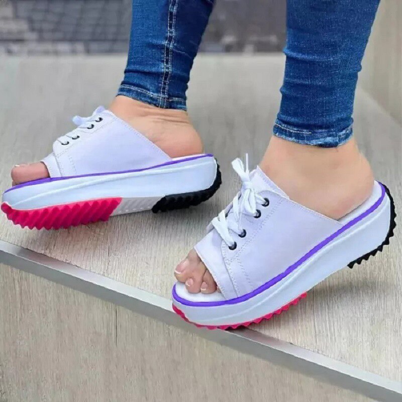 antmvs Summer Womens Platform Slippers Shoes Large Size Lace-Up Fish Mouth Canvas Slipper Shoes For Women Beach Thick Bottom Sandals