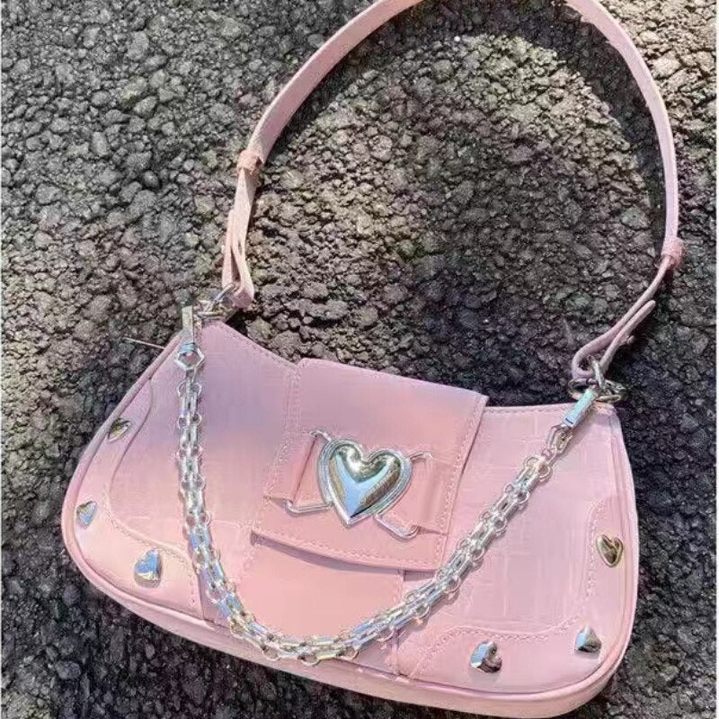 Antmvs Antmvs Women's Pink Shoulder Bags Fashion Chain Female Underarm Bag Cute Rivet Pu Leather Y2k Cool Girls Handbags Purse