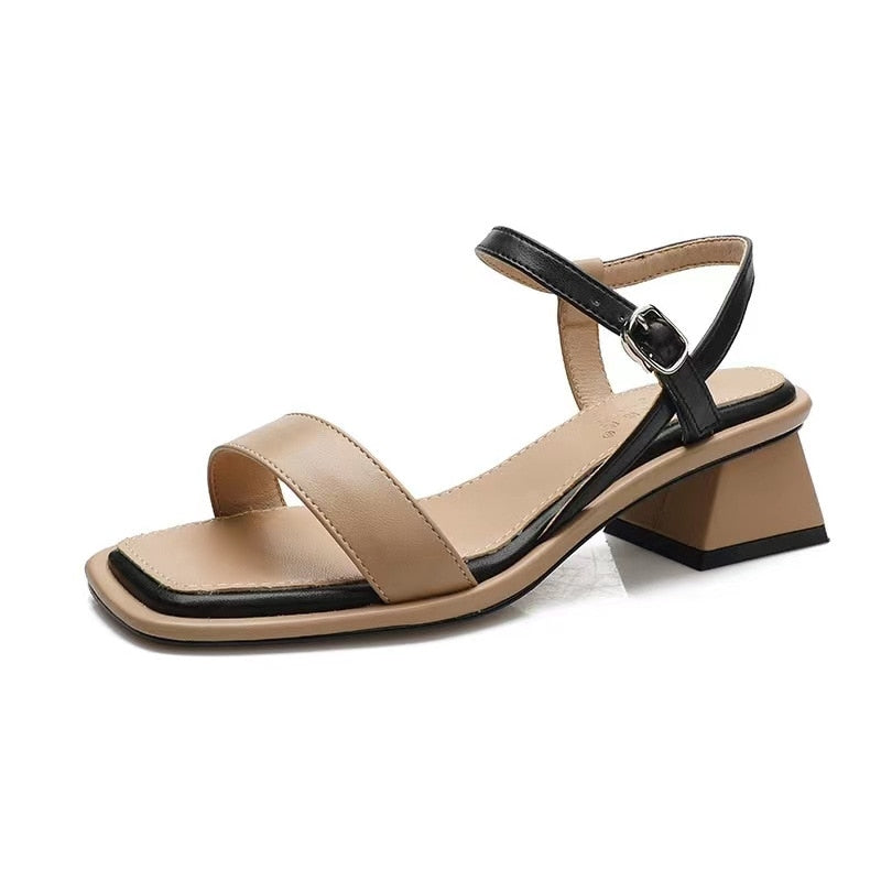 Antmvs Summer Women Sandals Color Matching Square Toe Buckle Mid Block Heel Females Slippers Fashion High Quality Cozy Lady Shoe