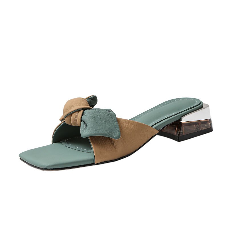 Antmvs Summer Women Slippers Solid Butterfly Knot Square Toe Thick Med Heel Lady Sandals Fashion Sweet Concise Leisure Female Shoe