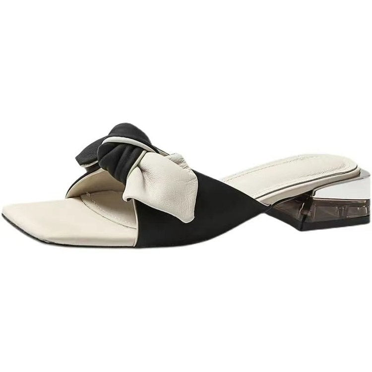 Antmvs Summer Women Slippers Solid Butterfly Knot Square Toe Thick Med Heel Lady Sandals Fashion Sweet Concise Leisure Female Shoe