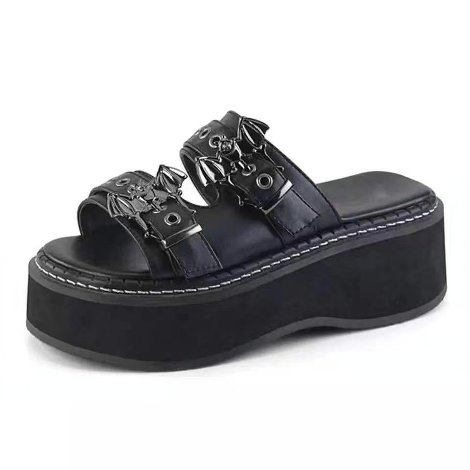 antmvs Woman Summer Slippers Shoes Women Gothic Punk Round Toe Platform Sandals Slide Lady High Heels Wedges Female Sandals Black Shoe