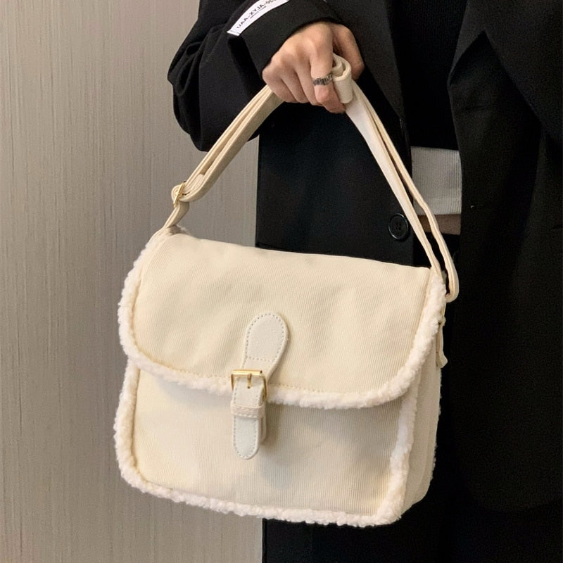 Antmvs Graduation Gift Fashion Corduroy Women Purse Shoulder Bags Solid Color Ladies Winter Furry Crossbody Bags Casual Plush Female Tote Handbags