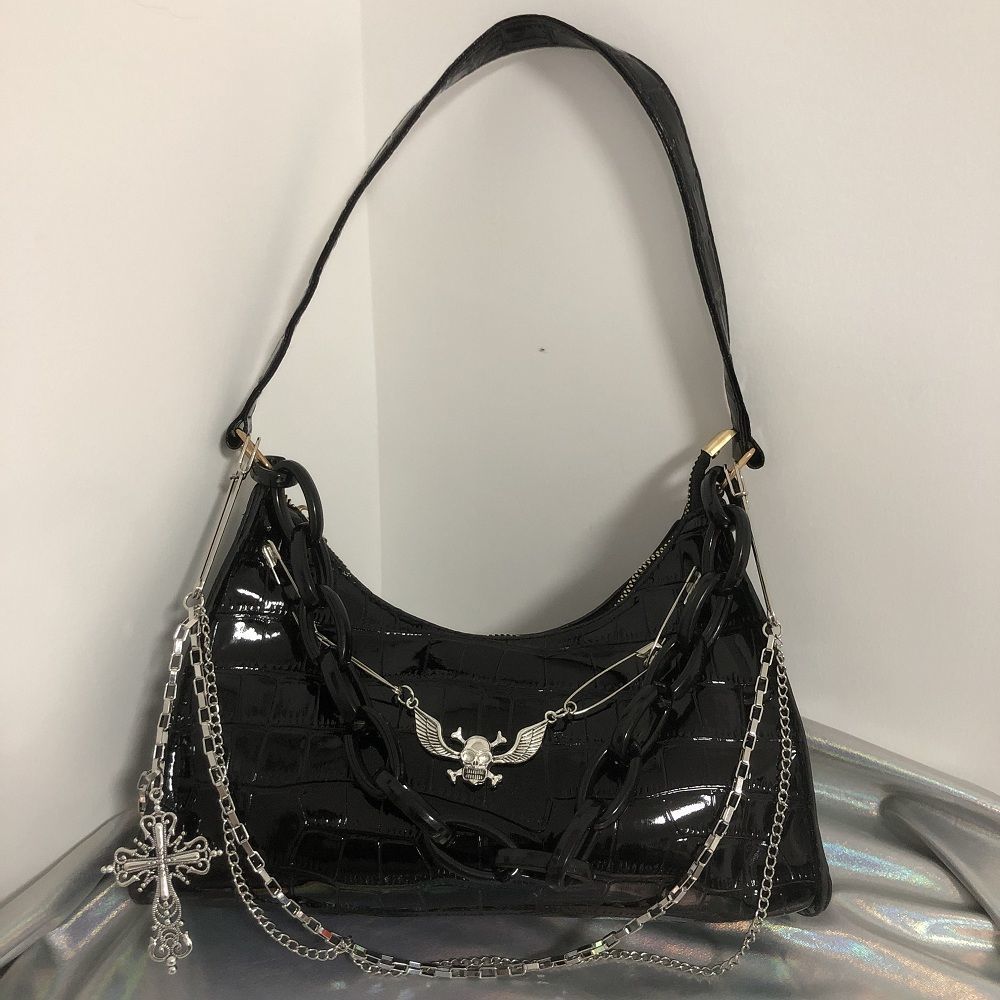 Antmvs Graduation Gift Handmade Women's Small Hobos Underarm Bags Dark Punk Female Cool Shoulder Bag Crocodile Pattern Y2K Hot Girls Chain Handbags