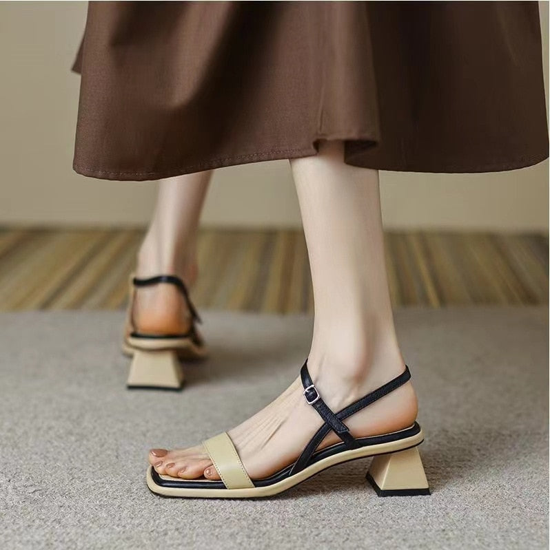 Antmvs Summer Women Sandals Color Matching Square Toe Buckle Mid Block Heel Females Slippers Fashion High Quality Cozy Lady Shoe