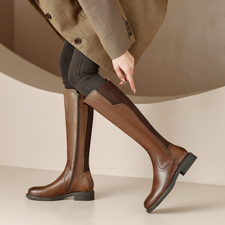 Antmvs New Autumn/Winter Women's Boots Round Toe Chunky Heel Knight Boots Shoe For Women Cow Leather Vintage Boots Knee-High Boots