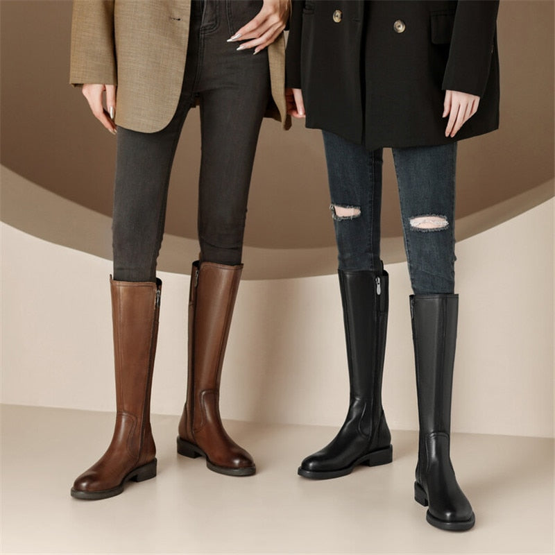 Antmvs New Autumn/Winter Women's Boots Round Toe Chunky Heel Knight Boots Shoe For Women Cow Leather Vintage Boots Knee-High Boots
