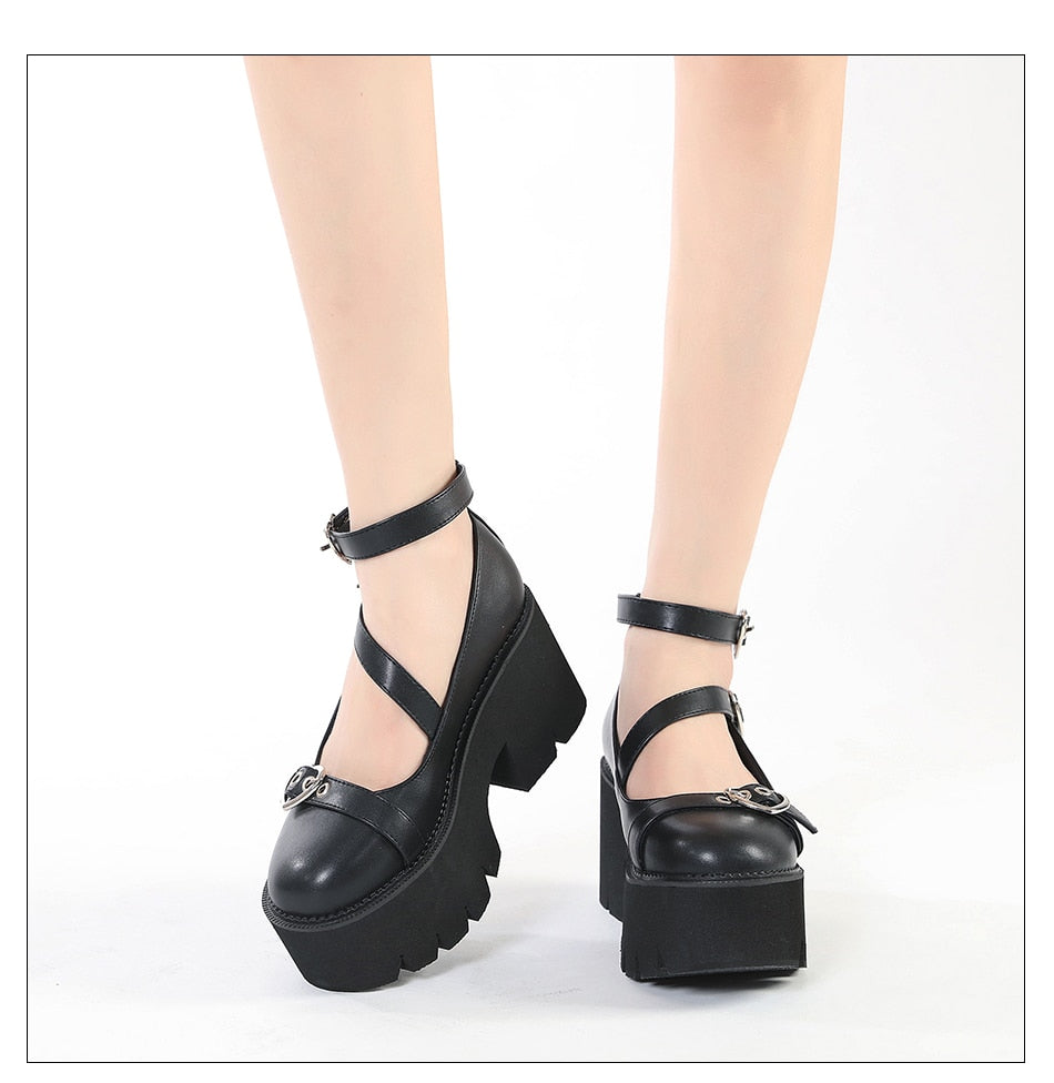 Antmvs Platform Lolita Shoes On Chunky Heels Spring Cross Bandage Women Mary Jane Shoes Kawaii Cospaly Heart Buckle Big Size