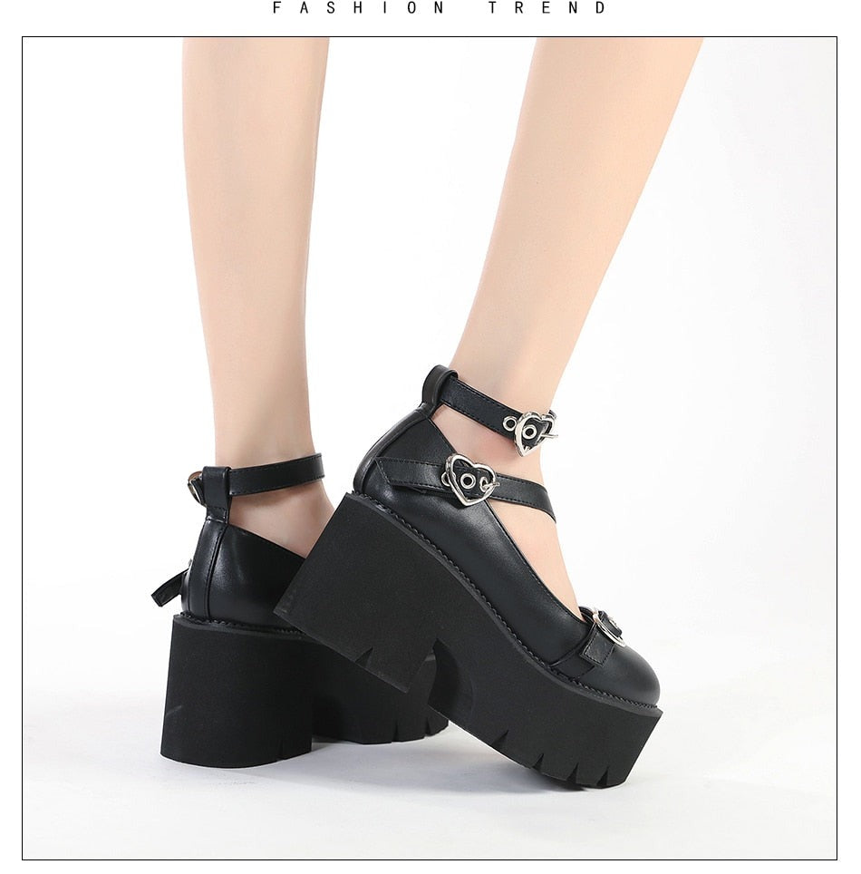 Antmvs Platform Lolita Shoes On Chunky Heels Spring Cross Bandage Women Mary Jane Shoes Kawaii Cospaly Heart Buckle Big Size