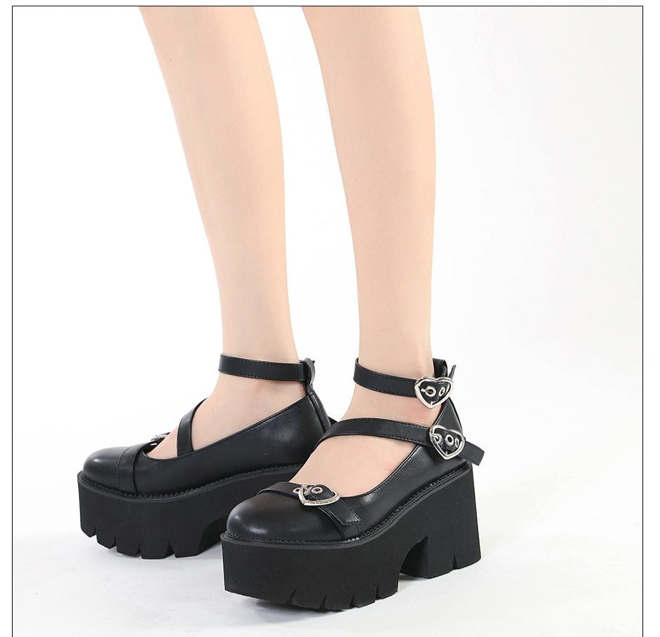 Antmvs Platform Lolita Shoes On Chunky Heels Spring Cross Bandage Women Mary Jane Shoes Kawaii Cospaly Heart Buckle Big Size