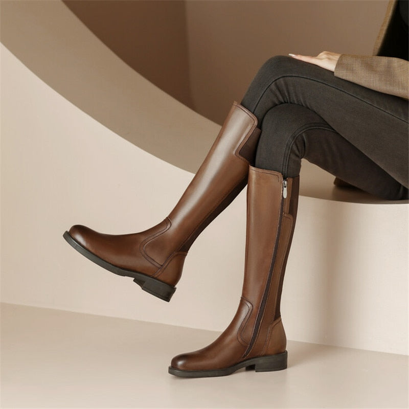 Antmvs New Autumn/Winter Women's Boots Round Toe Chunky Heel Knight Boots Shoe For Women Cow Leather Vintage Boots Knee-High Boots