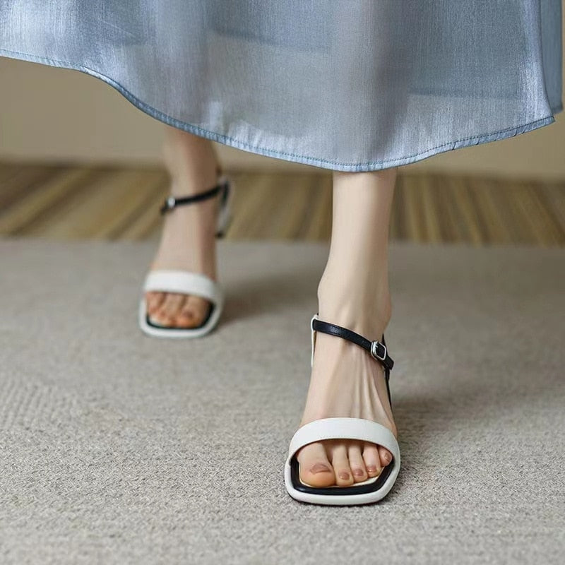 Antmvs Summer Women Sandals Color Matching Square Toe Buckle Mid Block Heel Females Slippers Fashion High Quality Cozy Lady Shoe