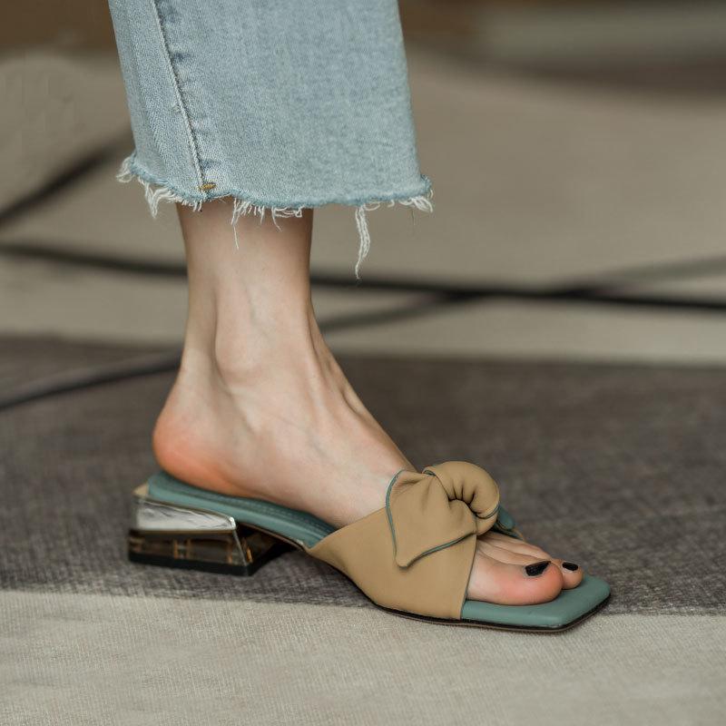 Antmvs Summer Women Slippers Solid Butterfly Knot Square Toe Thick Med Heel Lady Sandals Fashion Sweet Concise Leisure Female Shoe