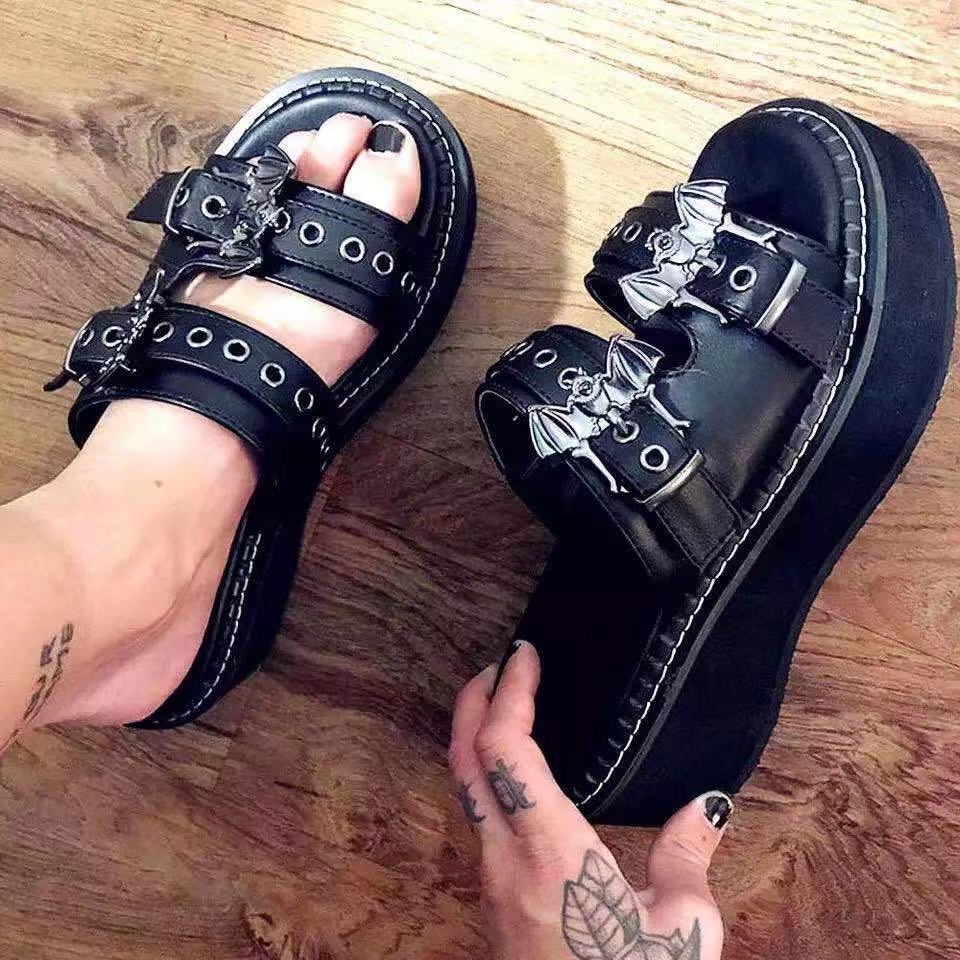 antmvs Woman Summer Slippers Shoes Women Gothic Punk Round Toe Platform Sandals Slide Lady High Heels Wedges Female Sandals Black Shoe