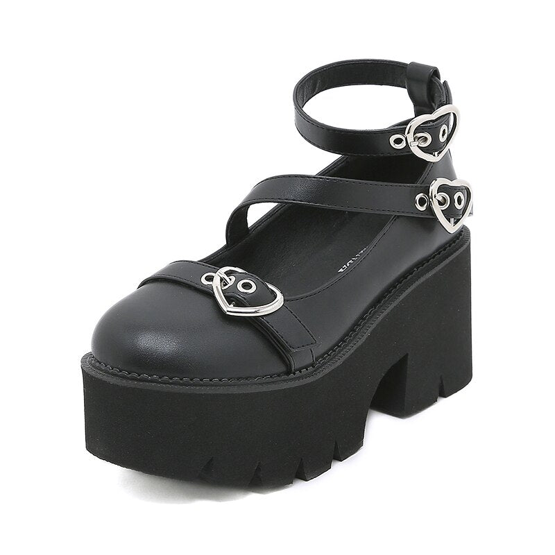 Antmvs Platform Lolita Shoes On Chunky Heels Spring Cross Bandage Women Mary Jane Shoes Kawaii Cospaly Heart Buckle Big Size