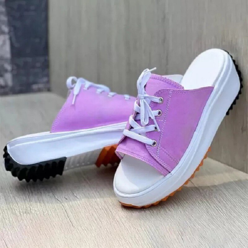 antmvs Summer Womens Platform Slippers Shoes Large Size Lace-Up Fish Mouth Canvas Slipper Shoes For Women Beach Thick Bottom Sandals